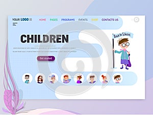 Children home page template, flat style character