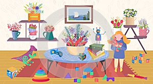 Children at home vector illustration, cartoon flat child character playing toys in cozy apartment home interior with