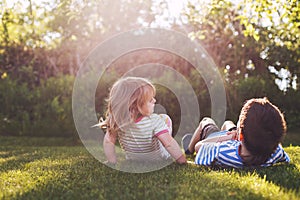 Children hugging in the garden. photo