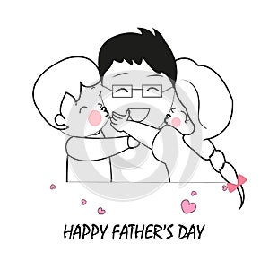 Children hugging their dads. Father, son and daughter. Happy Father`s Day greeting card photo