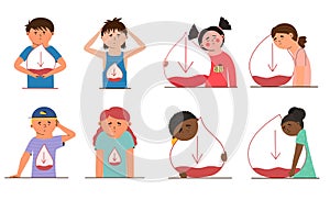 Children with hypoglycemia, low blood sugar, prediabetes. Set of characters with people. Vector illustration in flat style