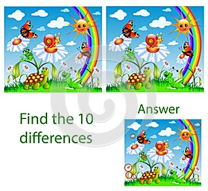 Children illustration.  visual puzzle shows ten differences with animals and insects in a meadow with flowers and a rainbow