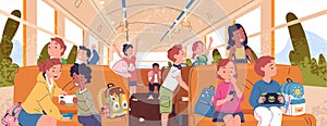 Children inside bus. School friends seating on seat aisle indoor schoolbus cartoon interior, happy students at window