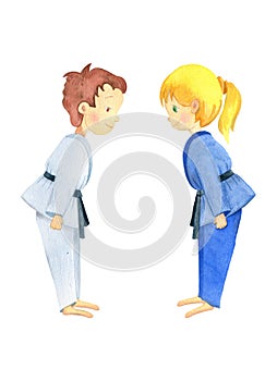 Children in a judo welcome. Colorful watercolor illustration artwork drawn by hand.