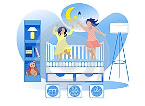 Children Jump on Mattress in Crib. Children Room.