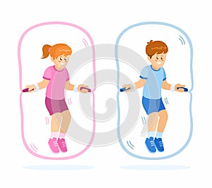 Children Jump Rope Workout Set Cartoon Illustration Vector