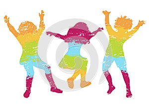 Children jumping. Colorful grunge silhouettes