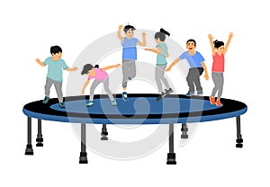 Children jumping on garden trampoline vector illustrations isolated on white. Joyful kids enjoying and smiling. Boys and girls.