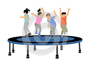 Children jumping on garden trampoline vector illustrations isolated on white. Joyful kids enjoying and smiling. Boys and girls.