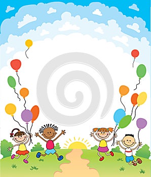 Children are jumping ob summer background bunner cartoon funny vector character. illustration