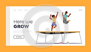 Children Jumping On Trampoline Landing Page Template. Little Black Boy And Girl Having Fun at Summer Vacation or Weekend