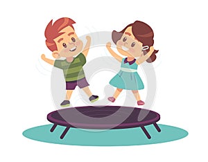 Children jumping on trampoline, laughing and having fun. Boy and girl playing. Happy kids on playground. Entertainment