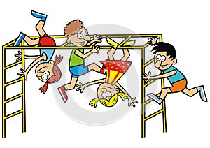 Children on a jungle gym, humorous vector illustration, cartoon, eps.