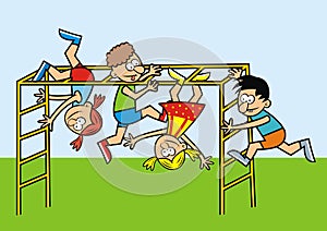 Children on a jungle gym, playground, humorous vector illustration
