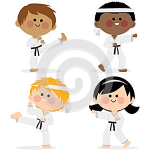 Children karate athletes in martial arts uniforms. Vector illustration