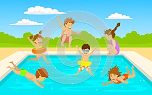 Children kids, cute boys and girls swimming diving jumping into pool scene photo