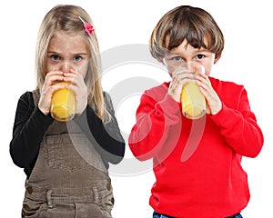 Children kids drinking orange juice healthy eating portrait form