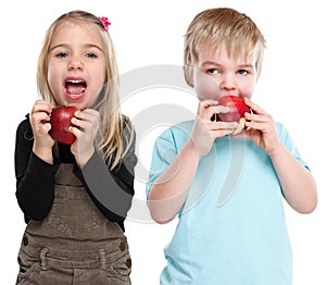 Children kids eating apple fruit autumn fall healthy isolated on
