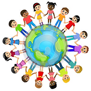 Children kids hand around world isolated