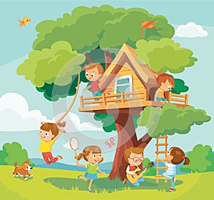 Children kids play arond tree house, tree fort, treeshed summer camp