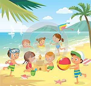 Children kids sunbathe swiming in the sea at summer children`s camp on sea beach shore.
