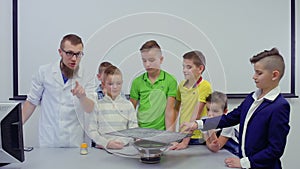 Children and laboratory assistant prepares to see the sound on Chladni plate