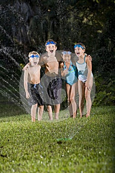 Children laughing and shouting by lawn sprinkler