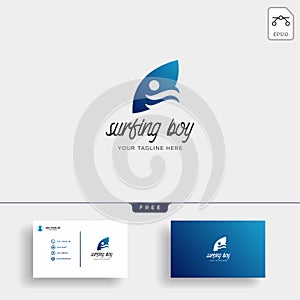 children learn surfing, boy surfer logo template with business card