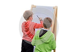 Children learn to paint on canvas, easel with paper, isolated on a white background. Boy artist paints nature and trees by the