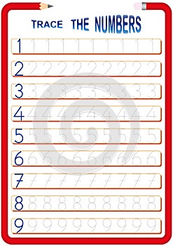 children are learning the numbers, math worksheet for kids, 1 to 9 the numbers, trace the numbers