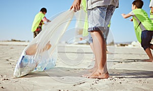 Children, legs or plastic bottles in beach clean up, climate change collection or environment sustainability recycling