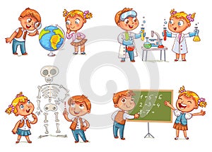 Children in the lesson of geography, chemistry, mathematics and biology
