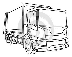 Children linear drawing for coloring book. Heavy construction equipment truck, garbage truck in linear. Industrial machinery and