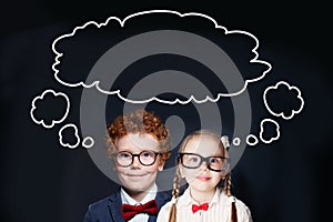 Children little boy and girl with speech bubble cloud