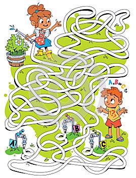 Children logic game to pass the maze. Girl and boy watering flowers