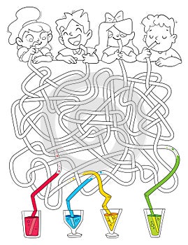 Children logic game to pass maze. Kids drink cocktails. Coloring book