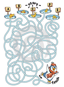 Children logic game to pass the maze. Penguin skates on ice