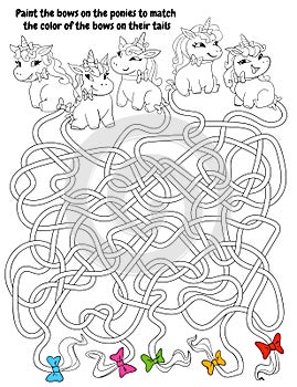 Children logic game to pass maze. Ponies with long, tangled tails