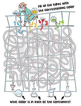 Children logic game to pass maze. Scientist in lab is pouring colorful solution into tubes