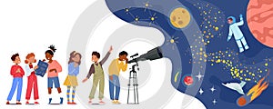 Children Look In Telescope, Curious Little Boys and Girls Study Astronomy Science. Kid Characters Observe Sky with Moon