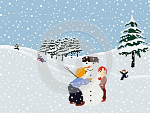 Children making a snowman. Winter illustration.