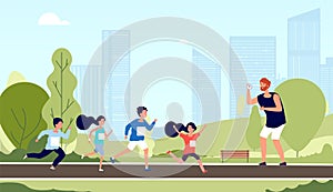 Children marathon. Kids athlete workout, run competition. School sport lesson in park. Friendly boy girl runners and