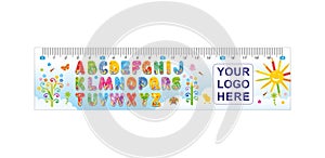 Children measuring ruler with alphabet