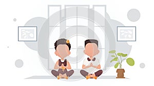 Children meditate in the room. Yoga. Cartoon style.