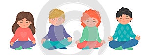 Children meditation set. Group of little girls and boys sitting in lotuse pose and maditating