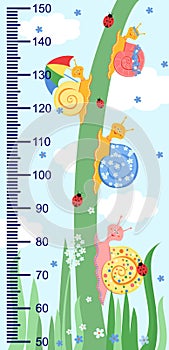 Children meter wall with a cute smiling cartoon snail and measuring ruler. photo