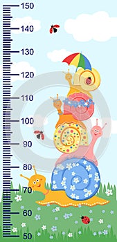 Children meter wall with a cute smiling cartoon snail and measuring ruler. photo