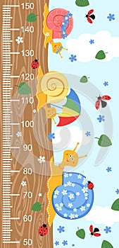 Children meter wall with a cute smiling cartoon snail on wood and measuring ruler. Vector illustration of snail isolated on sky ba