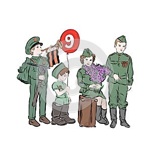 Children in military uniform congratulate Victory Day