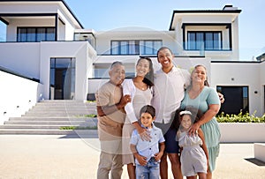 Children, moving and family with smile for their new home and happy on their property. Portrait of young man and woman